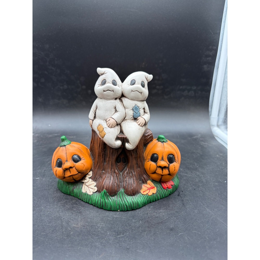 Vintage Ceramic Halloween Ghost Pumpkin Figurine Hand Painted Decor